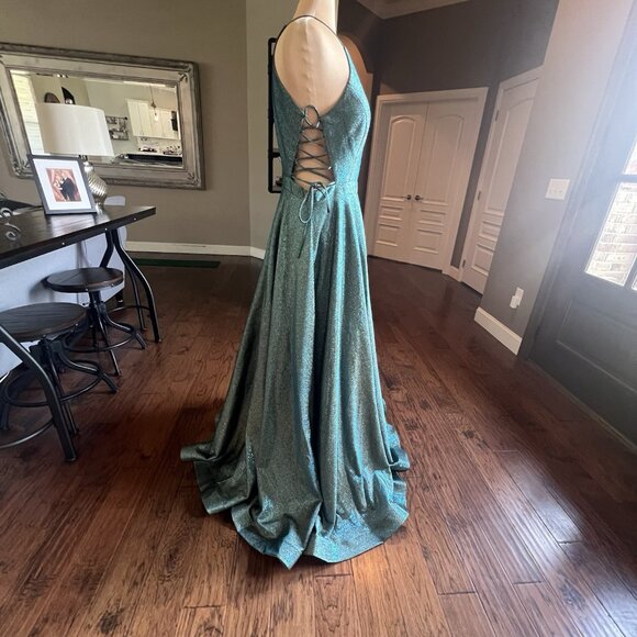 Juliet Formal Gown Size XXL Prom HOCO Dress Teal Sparkle Lace Up Sides High Neck - Picture 7 of 17